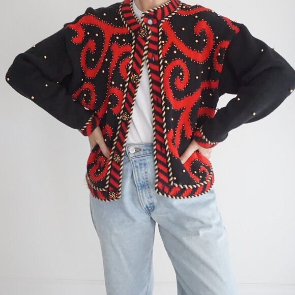Vintage Gantos Black Knit Red Beaded Swirl Button Up Sweater M - Picture 2 of 13